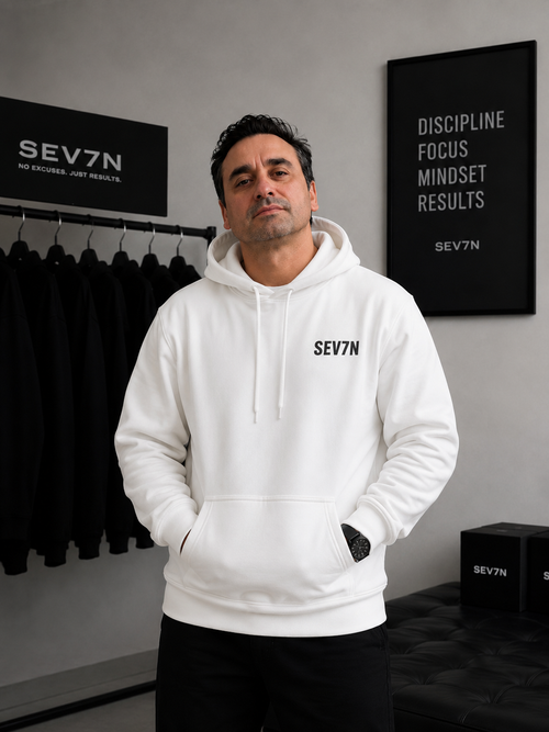 SEV7N Essential Hoodie – Clean White Streetwear